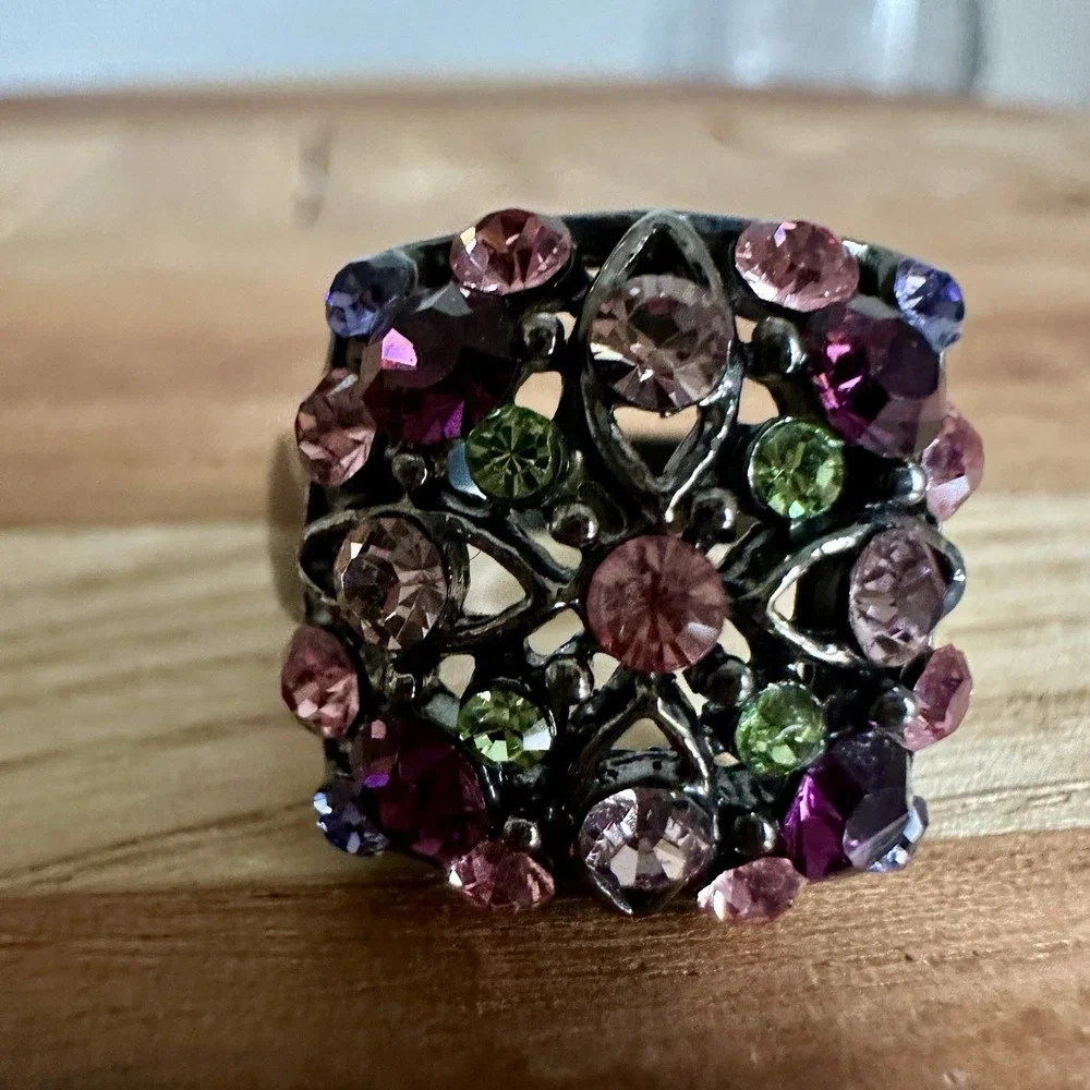 Vintage Cocktail Ring Size 8 Floral Multicolor Rhinestones Charcoal Gunmetal‎